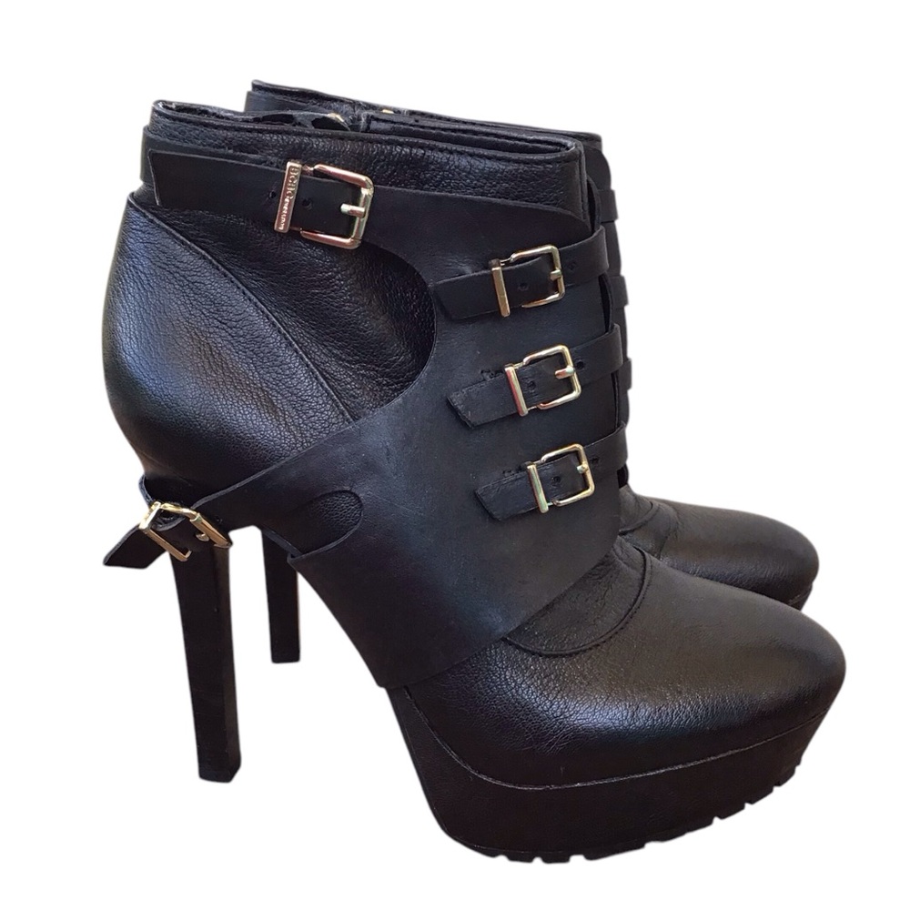 BCBG GENERATION Welsh Black Leather Platform Ankle Boots Buckles NEW Siz…